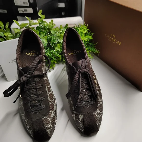 Coach Ivory Signature Monogram Sneakers | Black-Brown Chestnut Leather Trim - Picture 9 of 9